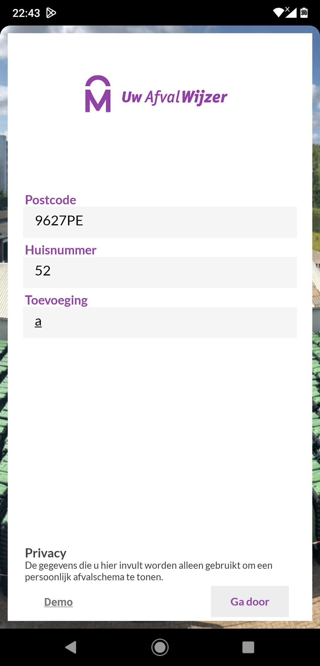 Afvalwijzer app instellen voor eerste gebruik: adres gevuld