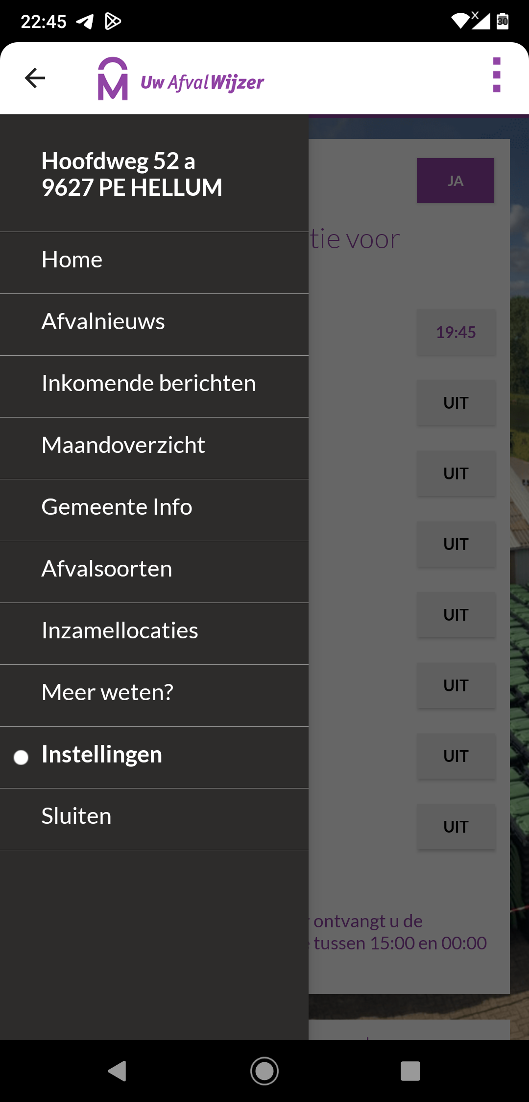 Afvalwijzer app: menu