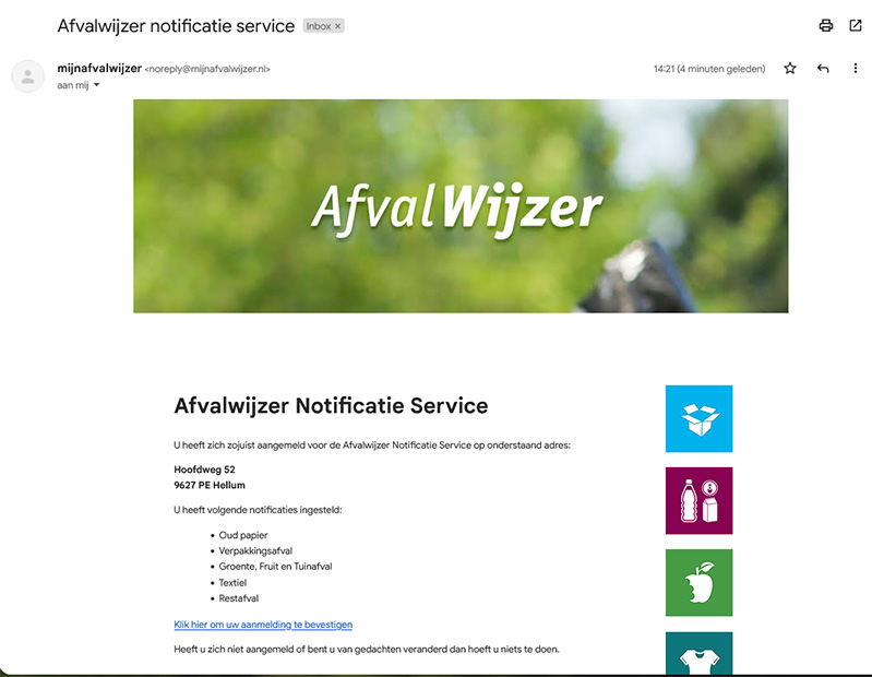 Afvalwijzer website: Notificaties: bevestigingsmail