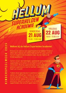 Kinderspeelweek 2025: Hellum Superheldenacademie & dorpsbarbecue - Flyer - voorkant